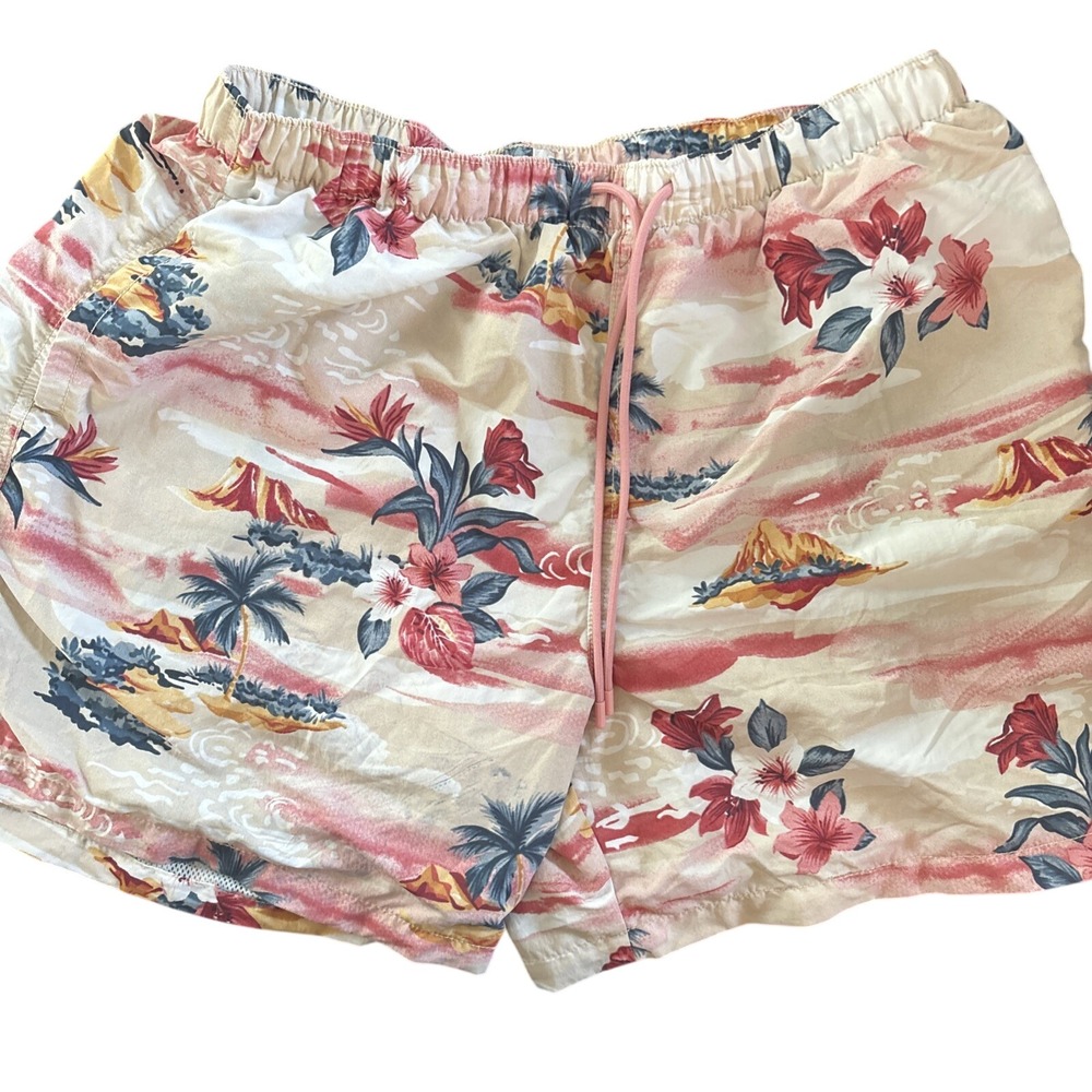 LCKR Mens Tropical Floral Volcano Print Swim‎ Trunks Pink Tan Large